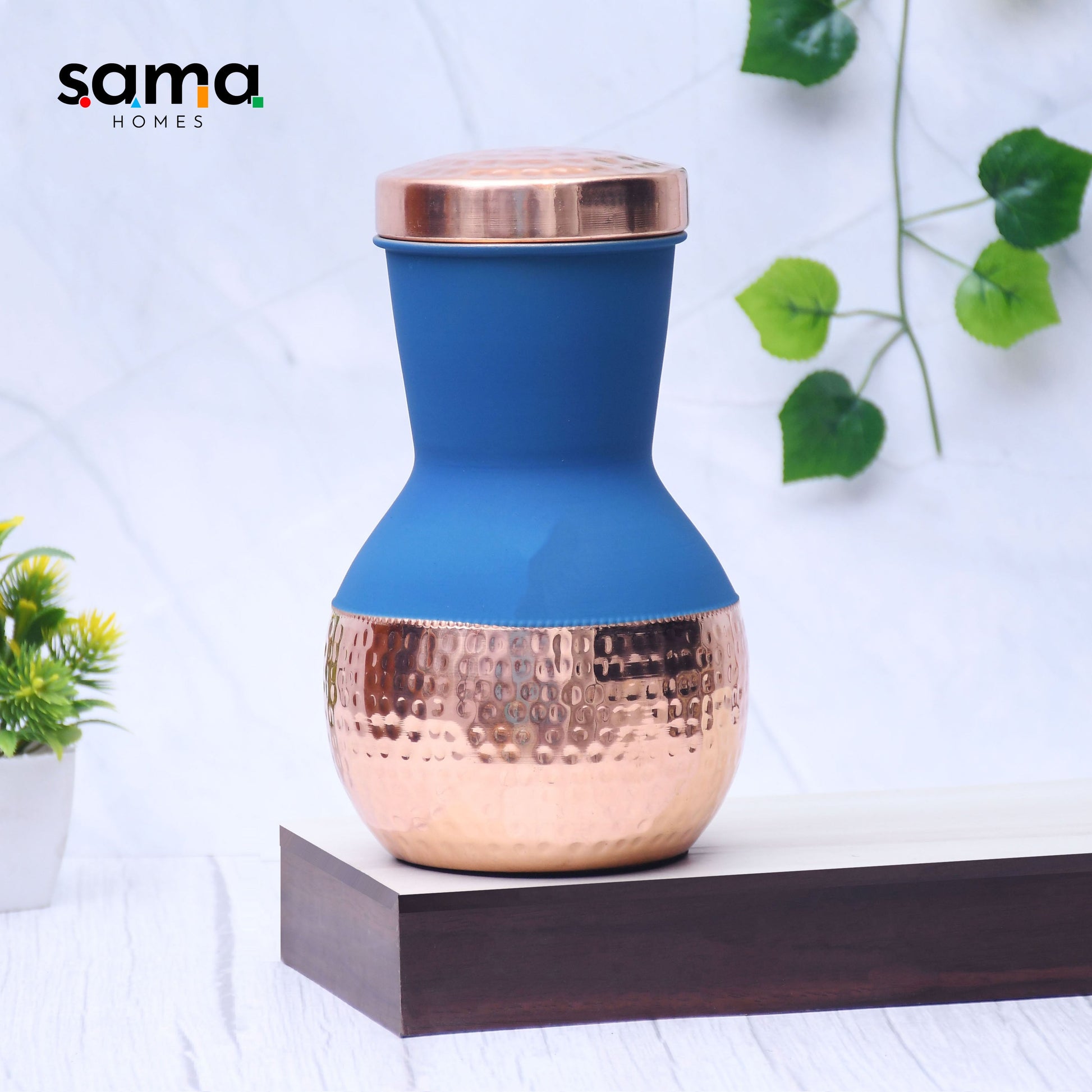Pure Copper Silk Blue Matka Pot with Inbuilt Glass Capacity 1200ML-0