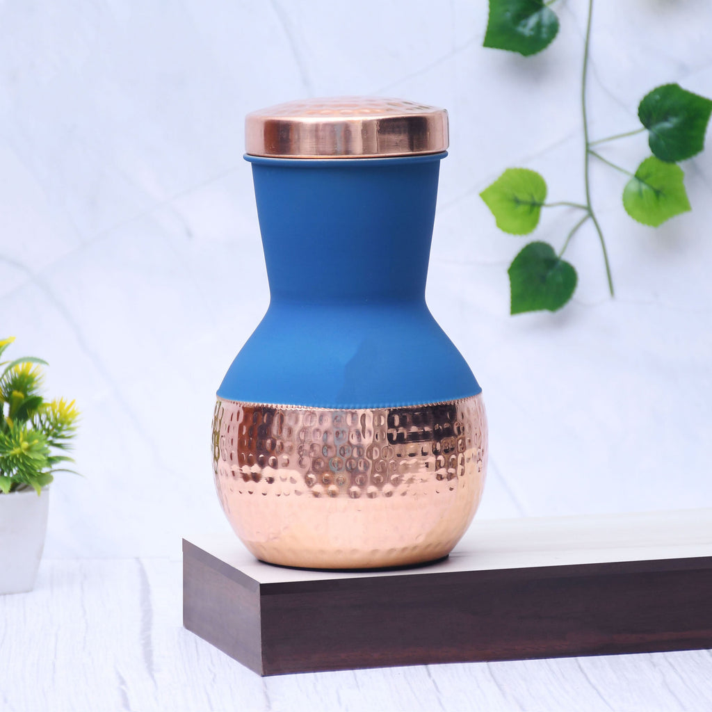 Pure Copper Silk Blue Matka Pot with Inbuilt Glass Capacity 1200ML-3