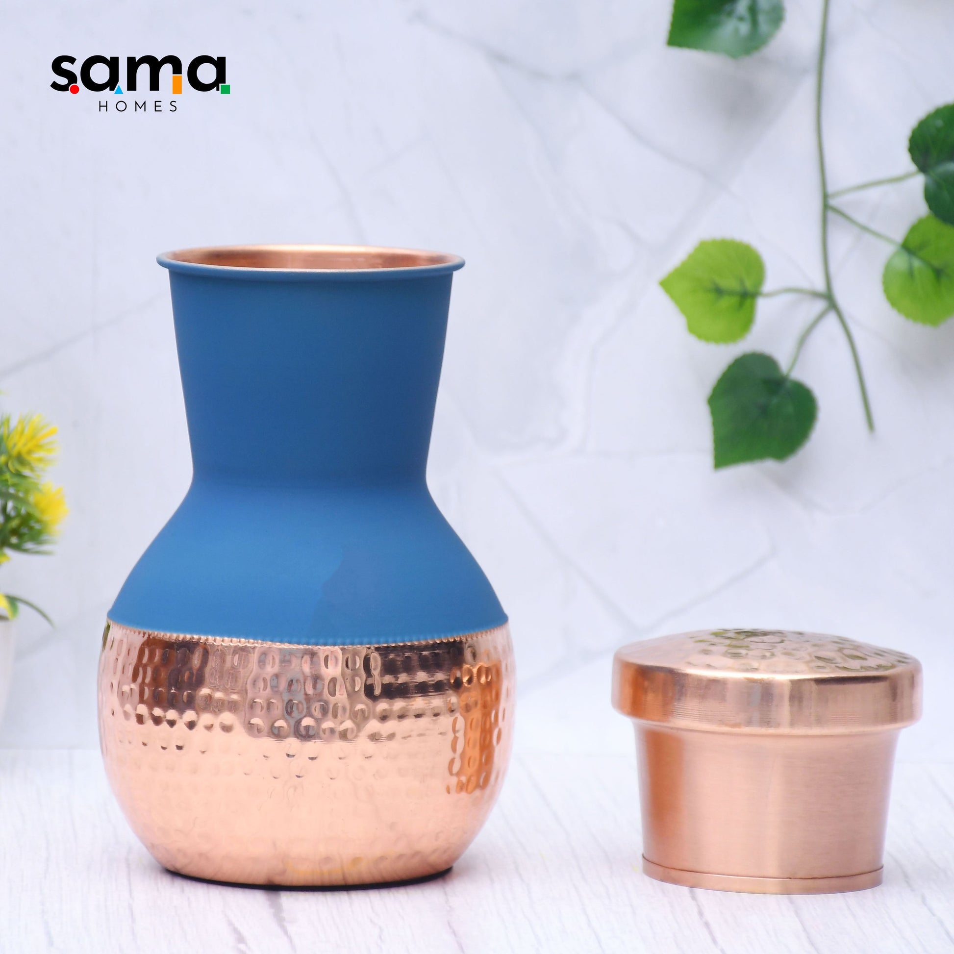 Pure Copper Silk Blue Matka Pot with Inbuilt Glass Capacity 1200ML-1