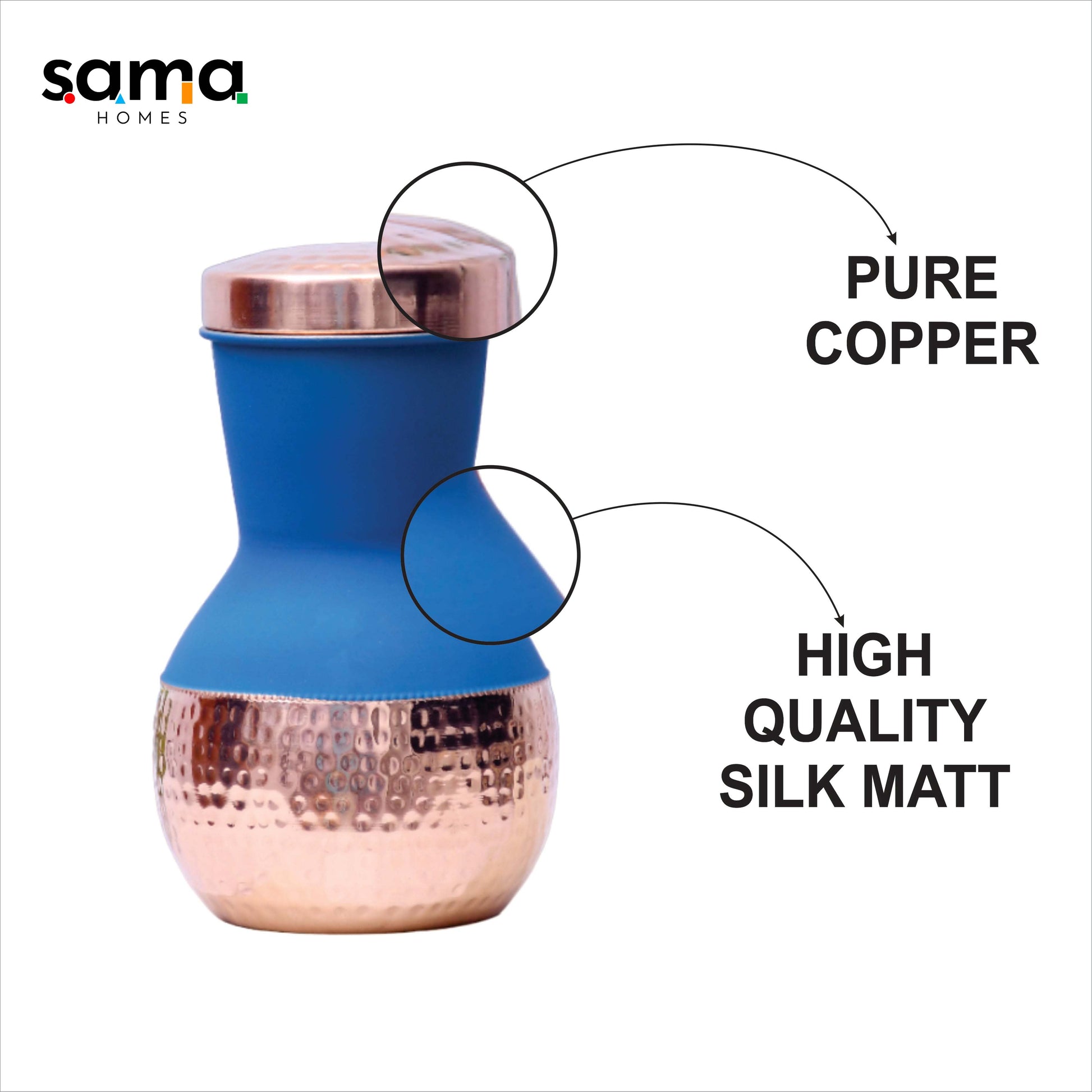 Pure Copper Silk Blue Matka Pot with Inbuilt Glass Capacity 1200ML-2